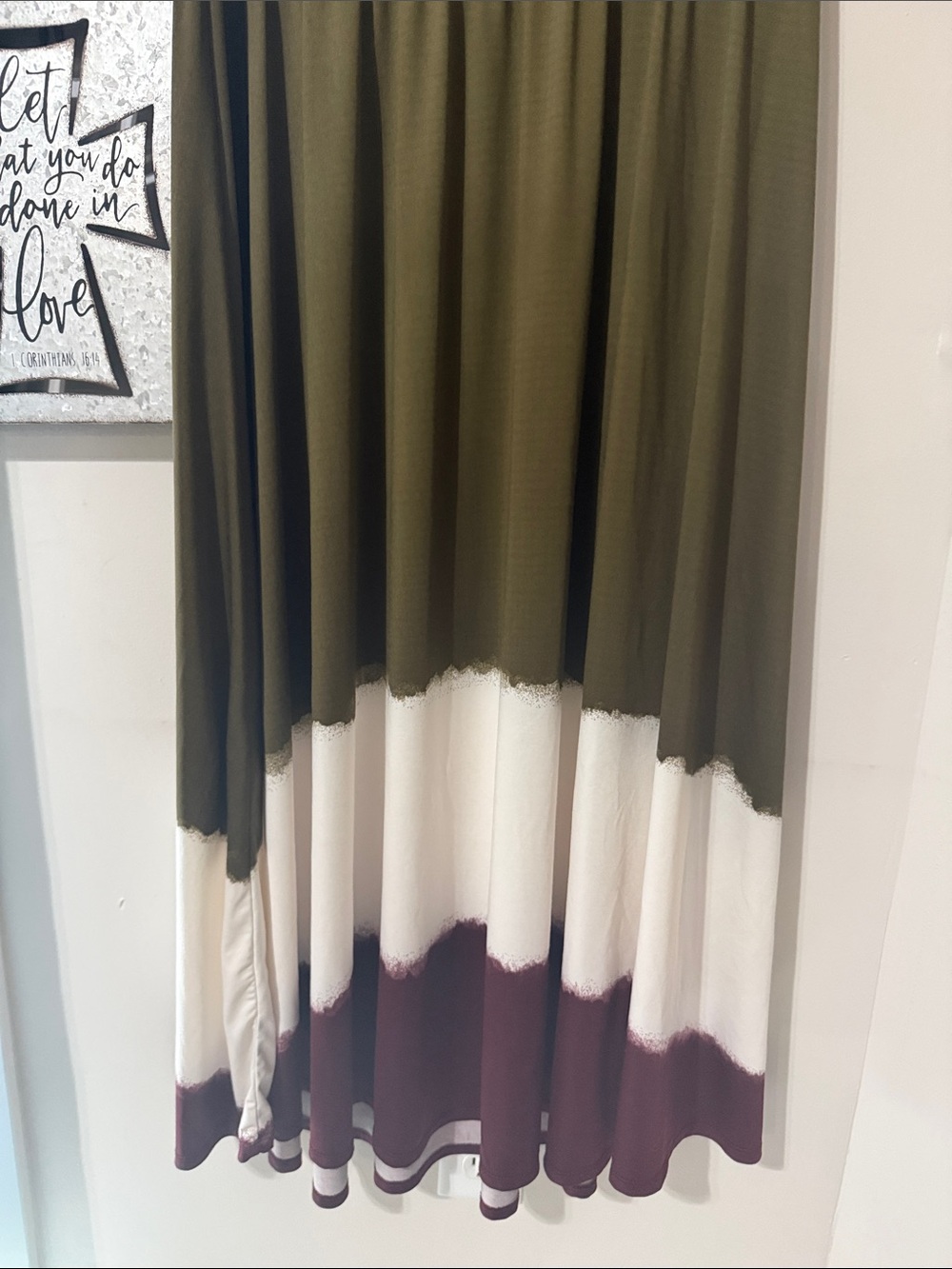 LuLaRoe Olive Green Colorblock High-Low Midi Dress with Cream and Brown Panels - Picture 4 of 5